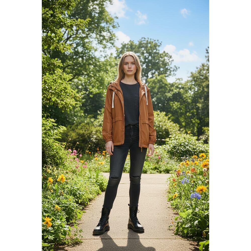 Madewell Packable Hooded Windbreaker Jacket Womens sz L Brown Lightweight Anorak